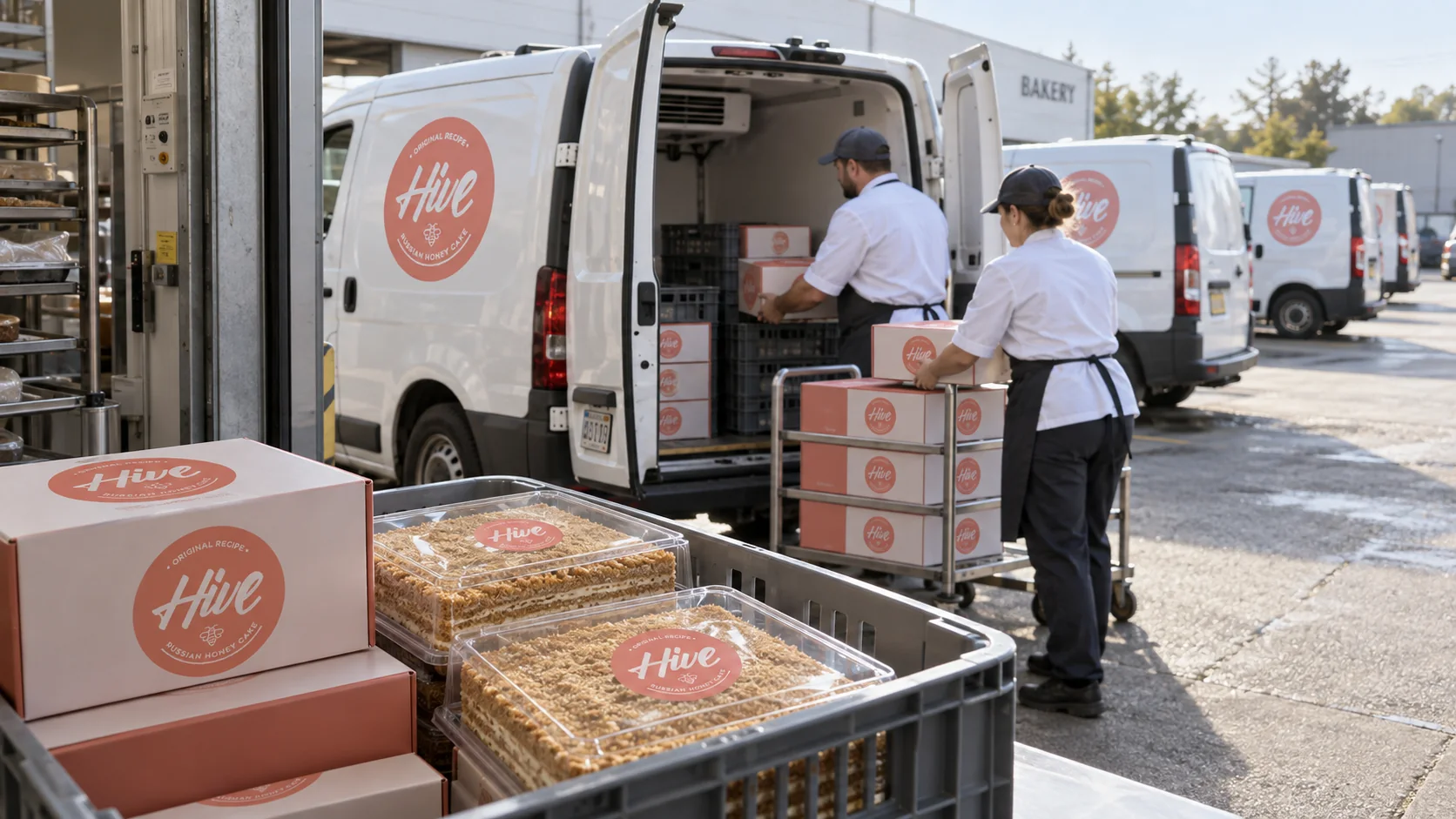A delivery team loading branded honey-cake boxes into refrigerated vans.