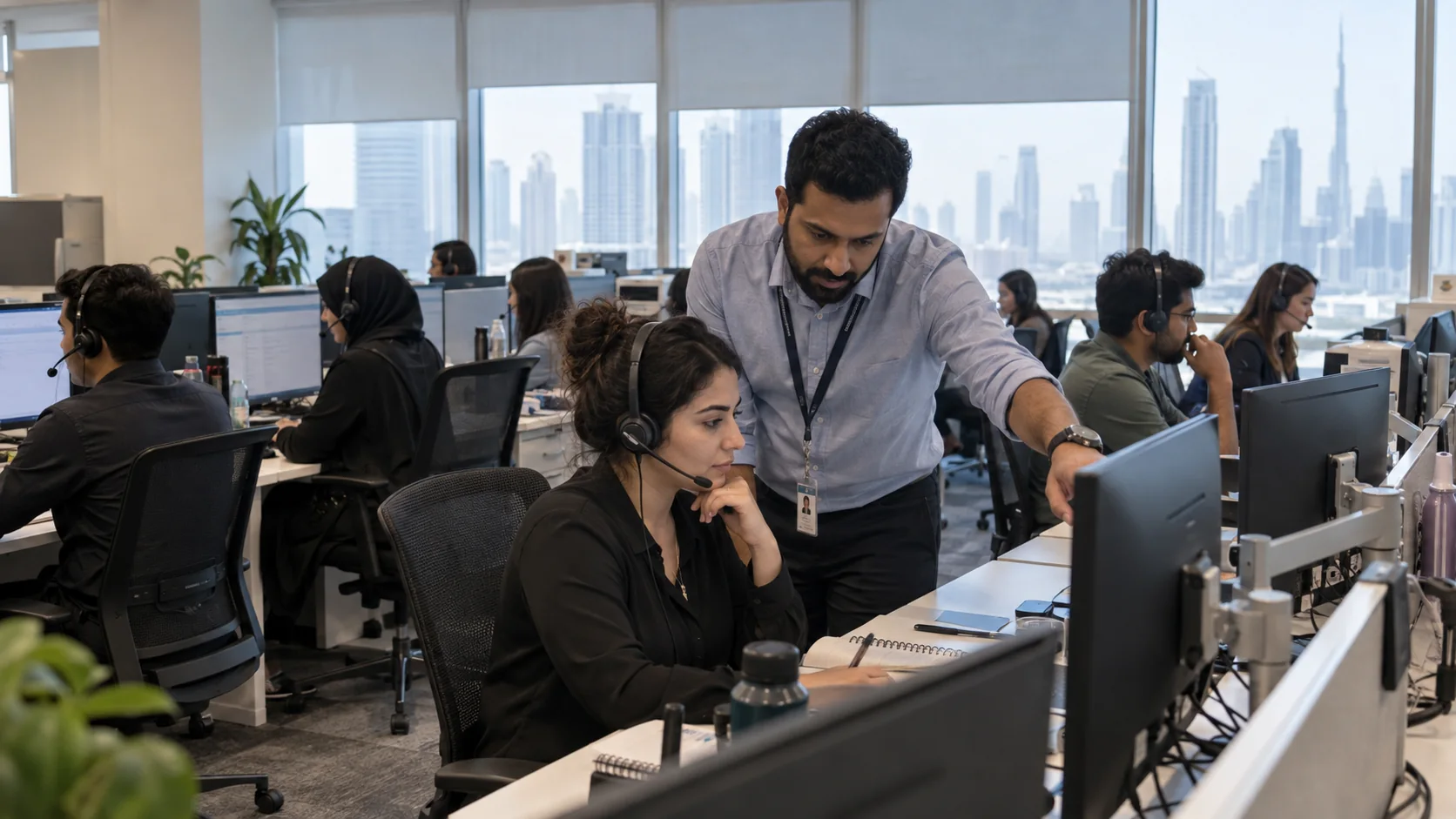 Call-centre agents working at their desks while a team lead reviews a screen with an agent.
