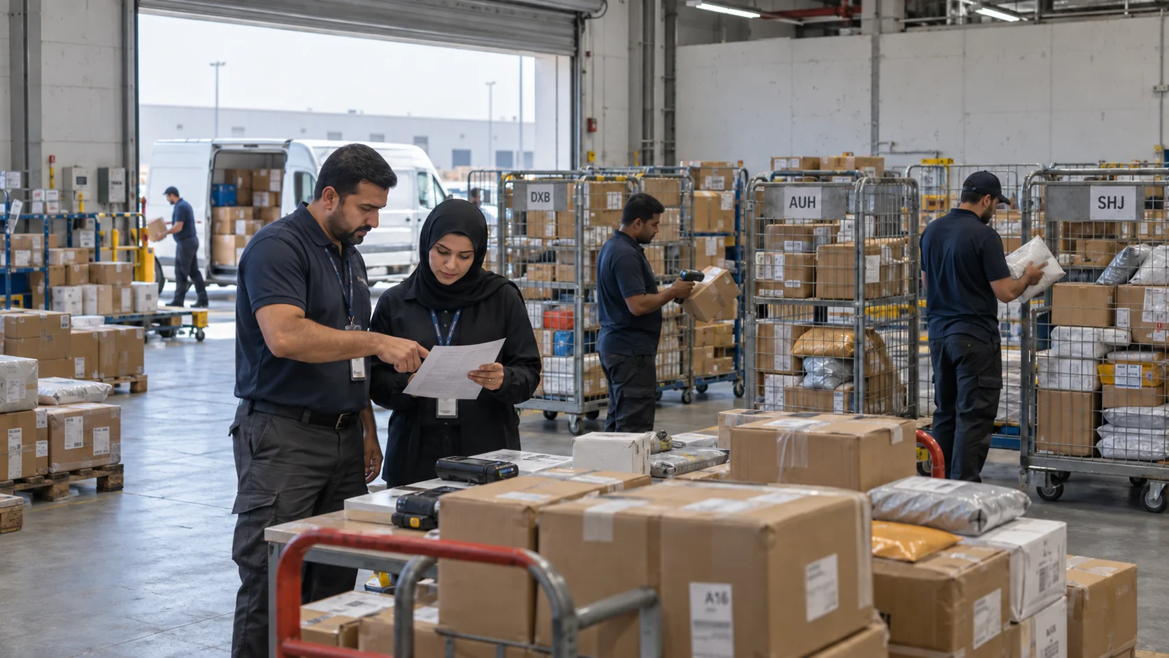 A courier team checking dispatch paperwork and sorting parcels into delivery cages.