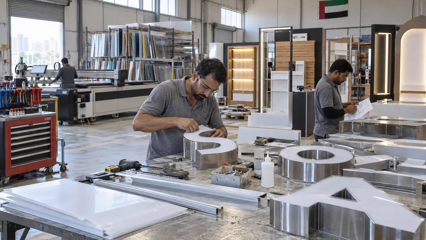 Technicians assembling signage and checking a production sheet in a fabrication workshop.