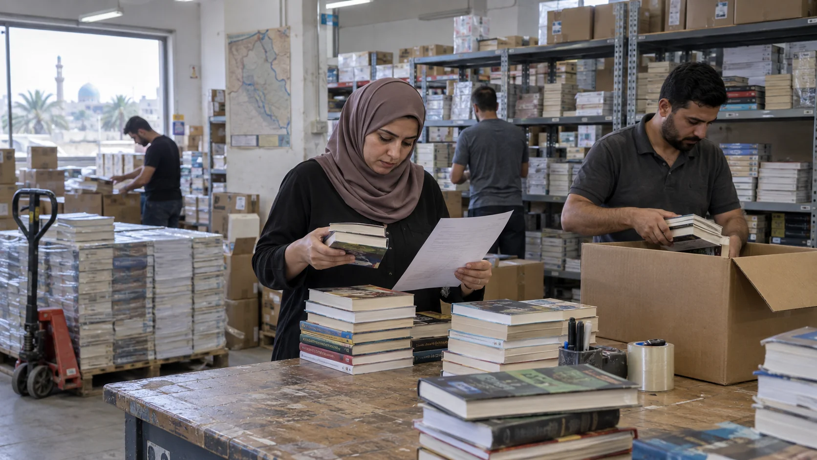 A book distribution team checking an order and packing books for dispatch.